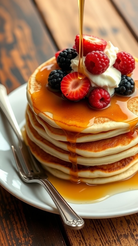 Fluffy buttermilk pancakes with maple syrup and fresh berries on a wooden table.